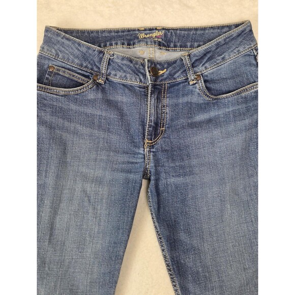 Wrangler Low Rise Jeans Womens M Blue Flare Leg Raw Hem Cutoff 30x28 Denim Y2K - Picture 3 of 8